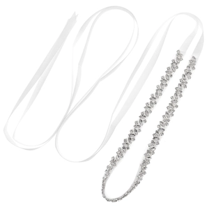 Elegant bridal wedding sash with silver rhinestone vine patterns on a white satin ribbon