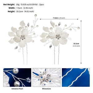 Detail showing dimensions and beads of the white floral bridal hair pins set