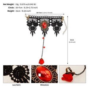 Gothic lace slave bracelet with red rose and gemstone detail showing dimensions