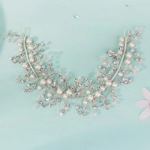 Détails d'une vigne de cheveux de mariée avec perles, cristaux et fil d'argent