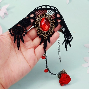 Gothic black lace bracelet with red gemstone and rose ring for Halloween costume
