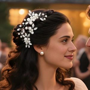Dettaglio di un fermaglio per capelli da sposa con perle e strass su un'acconciatura