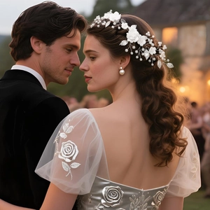 Detailed bridal hairpiece featuring white handmade flowers and silver leaves with pearls
