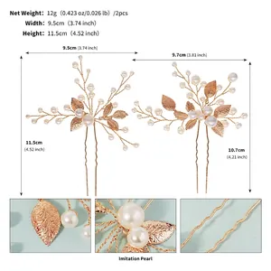 Detailed sizing chart for gold leaf wedding hair pins with imitation pearls 2-piece set