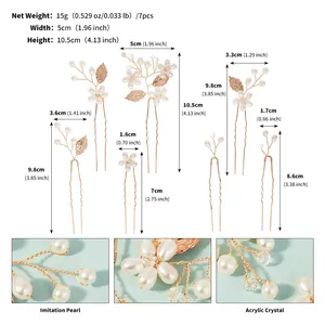 Size chart showing dimensions for 7-piece golden leaf hair pins with pearls and crystals