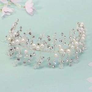 Vigne de Cheveux de Mariée Faite à la Main Künstliche Perle Strass Accessoires Cheveux Argent Fleur Feuille Pour Femme Bijoux