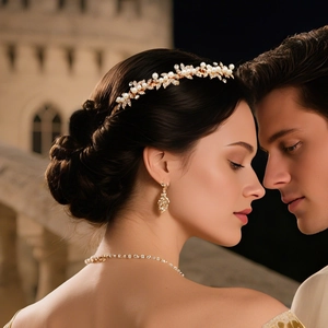 Close-up of elegant bridal pearl tiara with golden leaf design and matching earrings