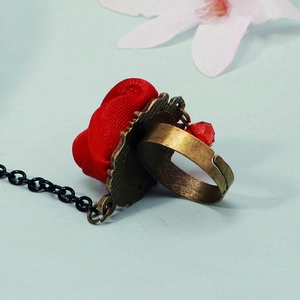 Gothic red rose lace finger ring with black chain and vintage bronze adjustable band