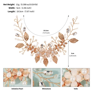 Detailed specs of bridal hair vine with imitation pearls and voile flowers in 19.5cm length