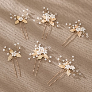 Elegantes 6-teiliges Brauthaarnadel-Set mit goldenen Blättern und Perlen für Hochzeiten