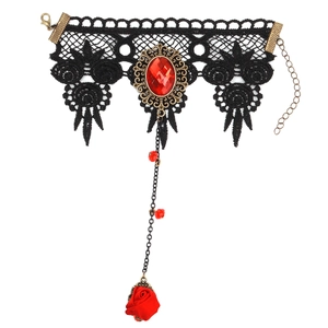 Gothic dark lace bracelet with red ruby gem and fabric rose for Halloween party accessory