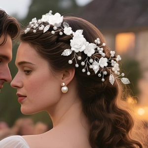White clay flower bridal hair vine with pearls and silver leaves on elegant model hairstyle