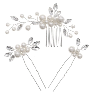 Elegantes Brauthaarschmuck-Set mit Silberdraht, weißen Perlen und funkelnden Kristallen
