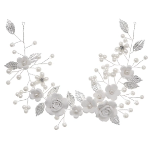 Handmade bridal headband with white clay flowers and pearls for wedding hairstyles