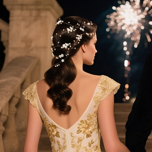 Dettaglio della vite per capelli da sposa con perle bianche e fiori su sfondo di fuochi d'artificio