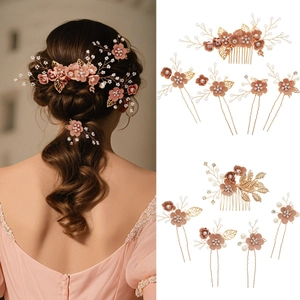 Süße Rosa Blume Braut Haarkamm Legierung Blatt Handgefertigt Künstliche Perle Strass Haarnadeln Für Hochzeit Party Damen Schmuck