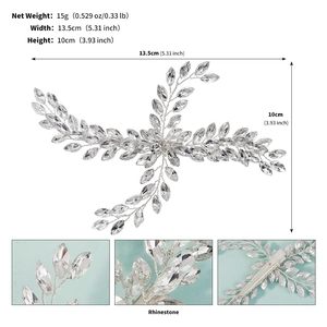 Detail showing the 13.5cm wide silver bridal hair clip with marquise rhinestones