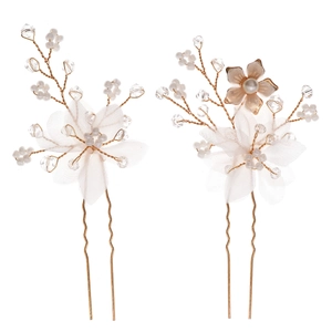 Handmade bridal hair pins set with chiffon flowers, crystals, and beads on gold wire