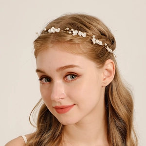 Handgemaakte Bruids Haarrank Bloem Kunstparel Gouddraad Hoofdband Met Organza Lint Bruiloft Haaraccessoires Voor Dames Meisjes