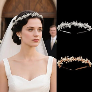 Elegant bridal floral headband with pearls and rhinestones in silver and rose gold