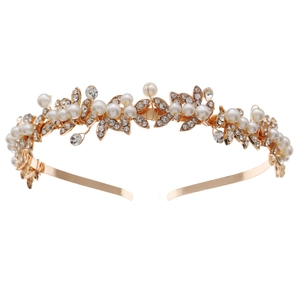 Elegant bridal floral headband with white pearls and sparkling rhinestones on gold alloy base