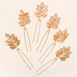 Set of 6 golden leaf hair pins with hollow veins and U-shaped wave pins for hair styling