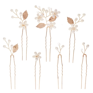7-piece bridal gold leaf hair pin set with white pearls and crystals for wedding styling