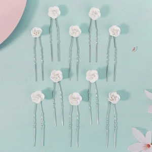 Lot de 10 épingles à cheveux de mariée avec fleurs blanches et perles pour coiffure