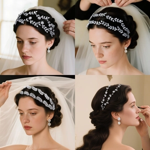 Close-up of bridal crystal leaf headband and matching earrings set on model
