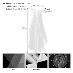 Detailed view of white bridal lace bow hair clip with rose pattern tulle veil dimensions