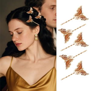 Vintage Chinese Style Butterfly Hair Clip Gold Alloy Rhinestone Hollow Bridal Wedding Photoshoot Jewelry Hair Accessory