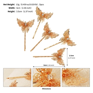Detailed view of 5 golden butterfly hair clips with sizes 6cm by 3.5cm and rhinestone accents