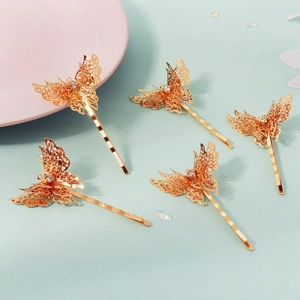 Five-piece set of golden hollow butterfly bridal hair clips with sparkling crystals