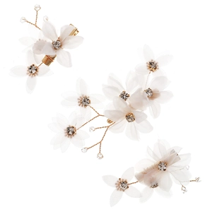 Three-piece handmade white mesh flower hair clips with rhinestones for bridal styling