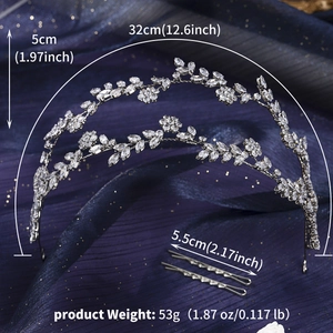 Detail view of crystal floral wedding tiara with 5cm height and silver leaf design