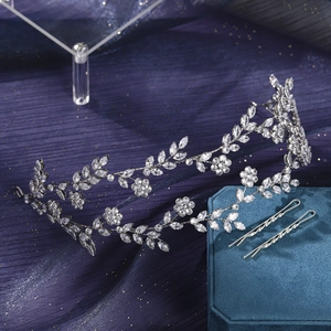 Elegant bridal crystal flower leaf headband with matching clips on velvet box