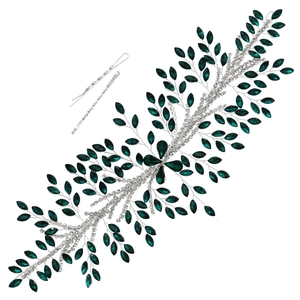 Exquisite silver bridal headband set with emerald green crystals and matching hair pins