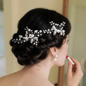 Épingles à cheveux de mariée avec feuilles argentées et perles blanches pour mariage