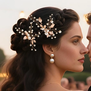 Detail of bridal gold leaf hair pins with white pearls worn in an elegant wedding hairstyle