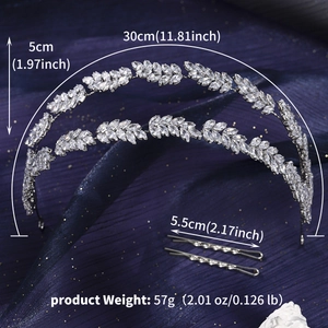 Detail view of silver bridal zircon headband with leaf motifs and size specifications