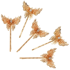 Five-piece set of golden hollow butterfly bridal hair clips with white crystal accents