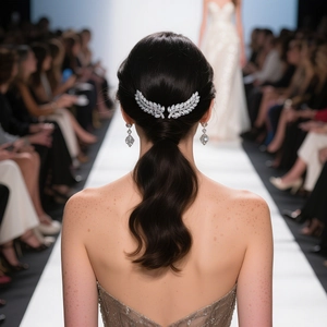 Détail de pinces à cheveux plumes argentées avec zircons portées par un mannequin