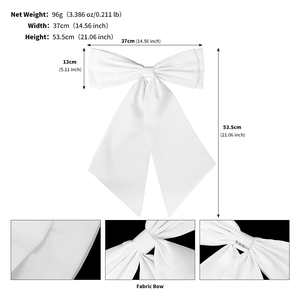 Detail view showing dimensions and metal back clip of the large white wedding bow