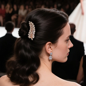 Barrette à feuilles en zircone et boucles d'oreilles pendantes sur un modèle de mariée