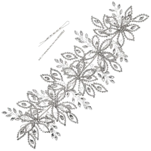 Bijou de tête mariée en argent avec motifs de feuilles en cristal et pinces à cheveux