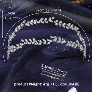 Detail view of silver bridal tiara with leaf-shaped zircons and dimensions shown