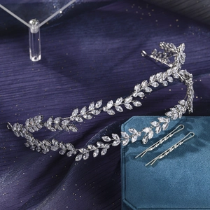 Luxurious silver leaf laurel bridal tiara with zircon crystals and matching hairpins