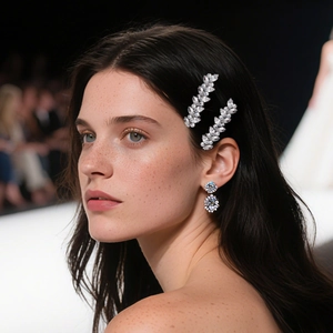 Luxuriöse Haarspangen mit Marquise-Kristallen und passende Ohrstecker an einem Model