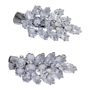Elegant silver leaf zircon hair clips with sparkling crystal stones for party styling