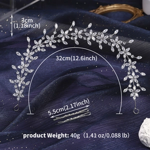 Close-up of silver bridal headband measuring 32cm with sparkling marquise cut zircons